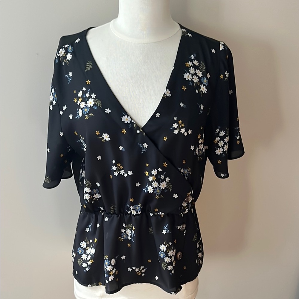 Pink Rose Black and White Fitted Wrap Blouse